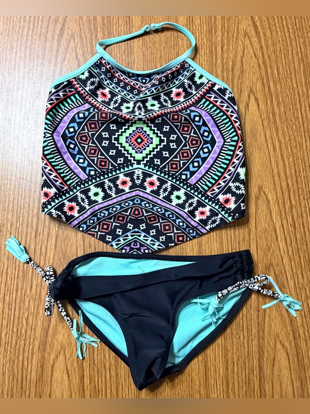 wonder nation Girls High-Neck Two-Piece Swim Set - Aqua & Black Aztec